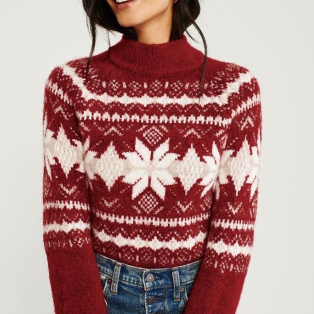 A&F Fair Isle Mock Neck Sweater in Red, XS